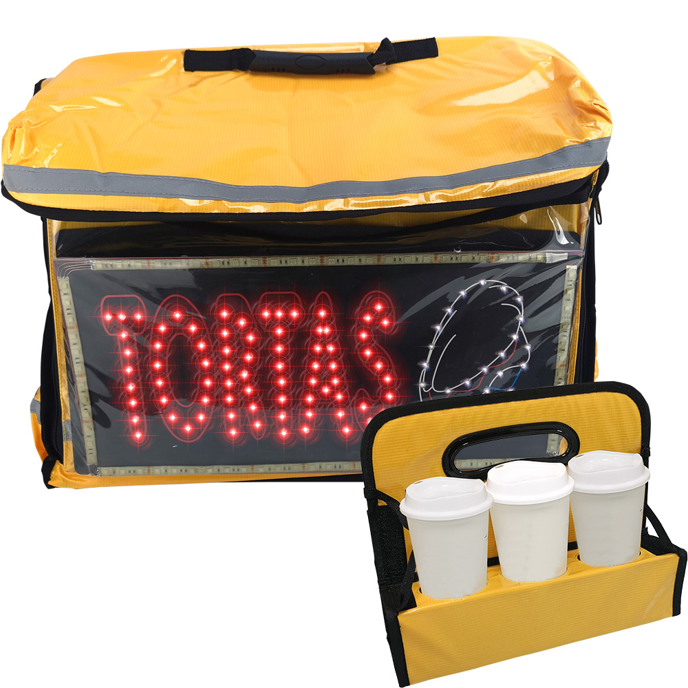 Mochila Transportadora de Alimentos Estilo Bolsa Delivery Ideal para Entregas a Domicilio Térmica Impermeable con Espacio para Letrero Sistema de Luces y Transportador de Bebidas / Master / MP-BAG1Y