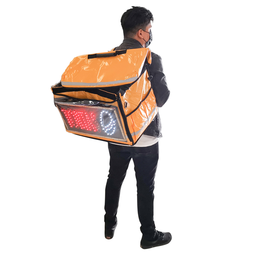 Mochila Transportadora de Alimentos Estilo Bolsa Delivery Ideal para Entregas a Domicilio Térmica Impermeable con Espacio para Letrero Sistema de Luces y Transportador de Bebidas / Master / MP-BAG1Y