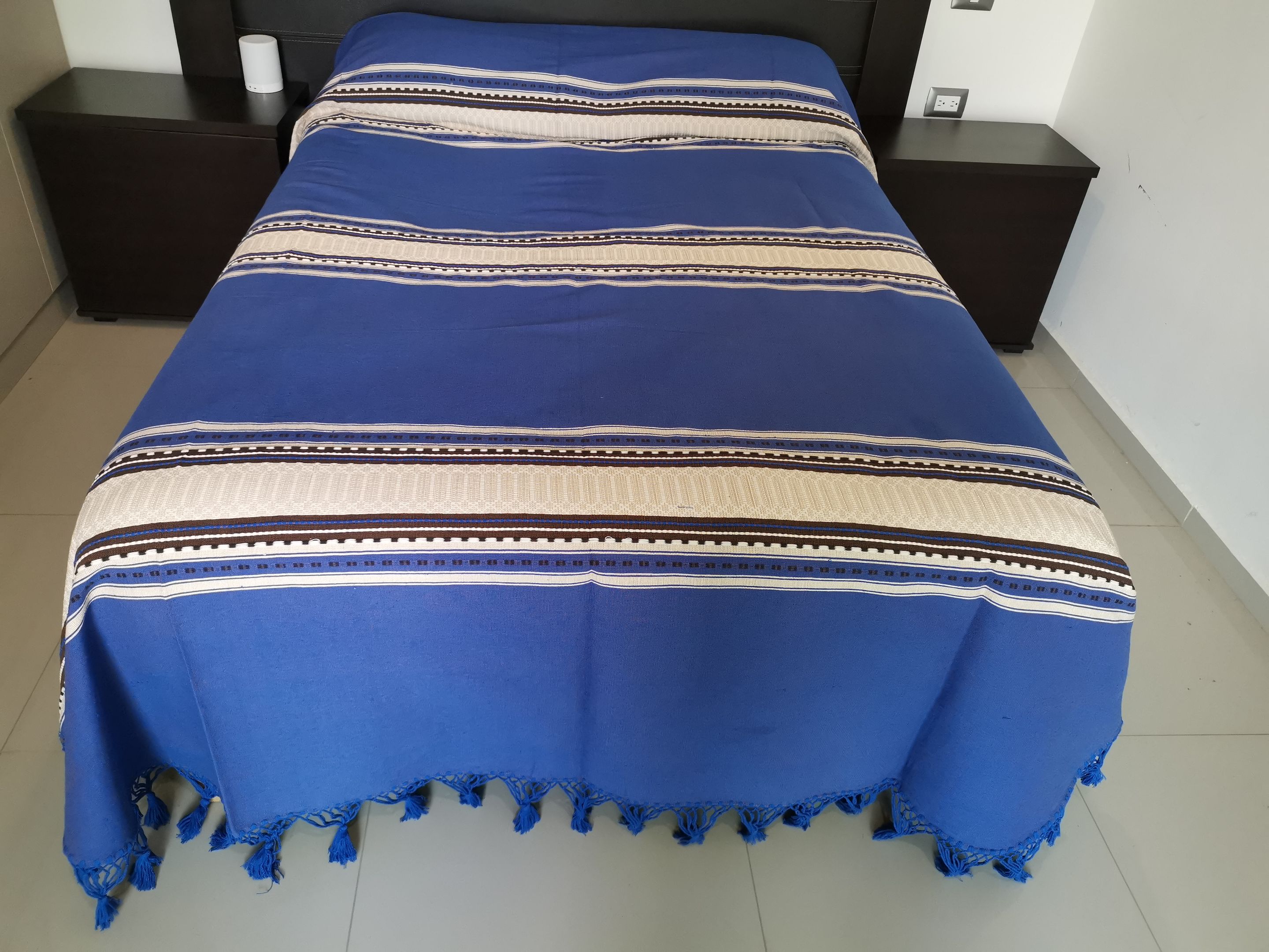 Colcha Artesanal de Oaxaca Azul con Senefa Rombo King 