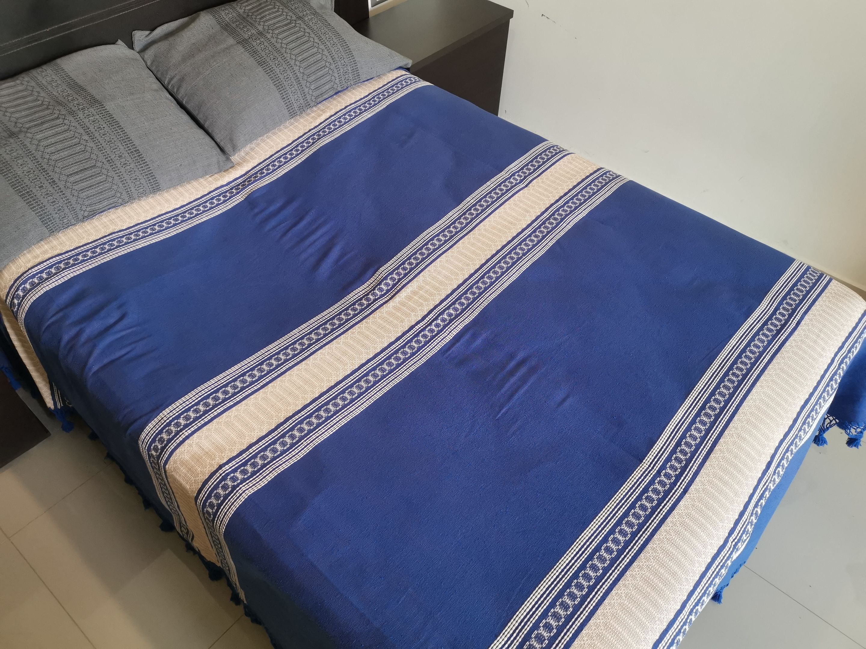 Ropa de Cama Artesanal de Oaxaca Azul y Senefa Ocre Queen 