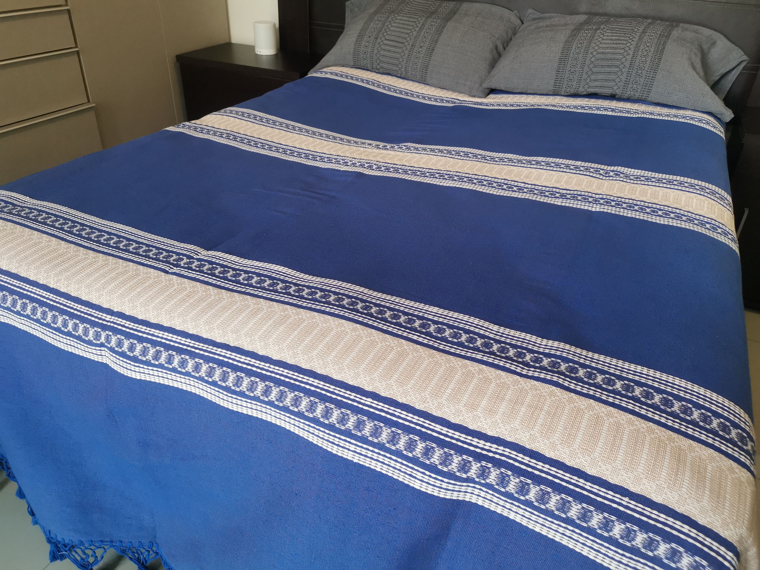 Ropa de Cama Artesanal de Oaxaca Azul y Senefa Ocre Queen 