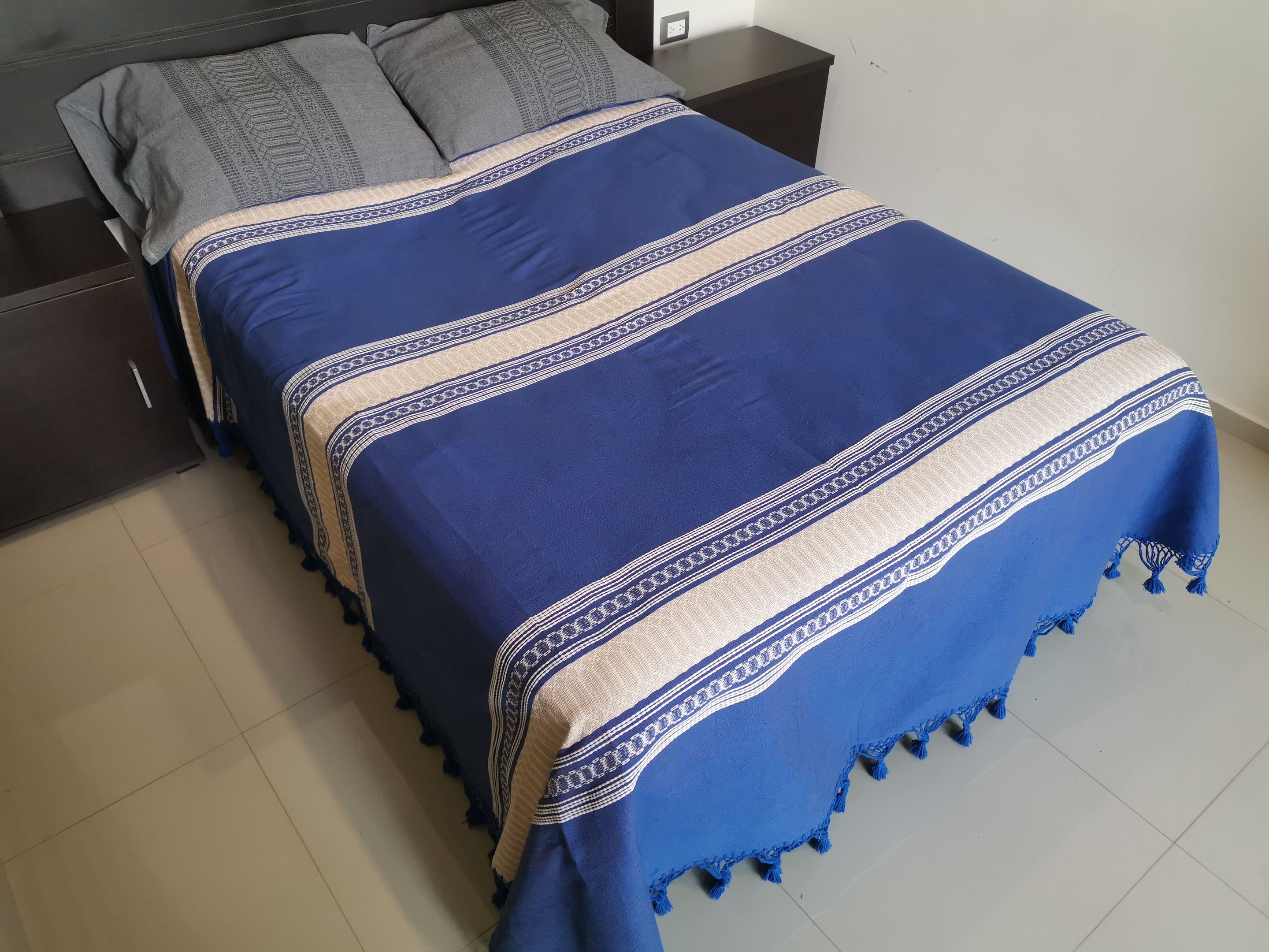 Ropa de Cama Artesanal de Oaxaca Azul y Senefa Ocre Queen 