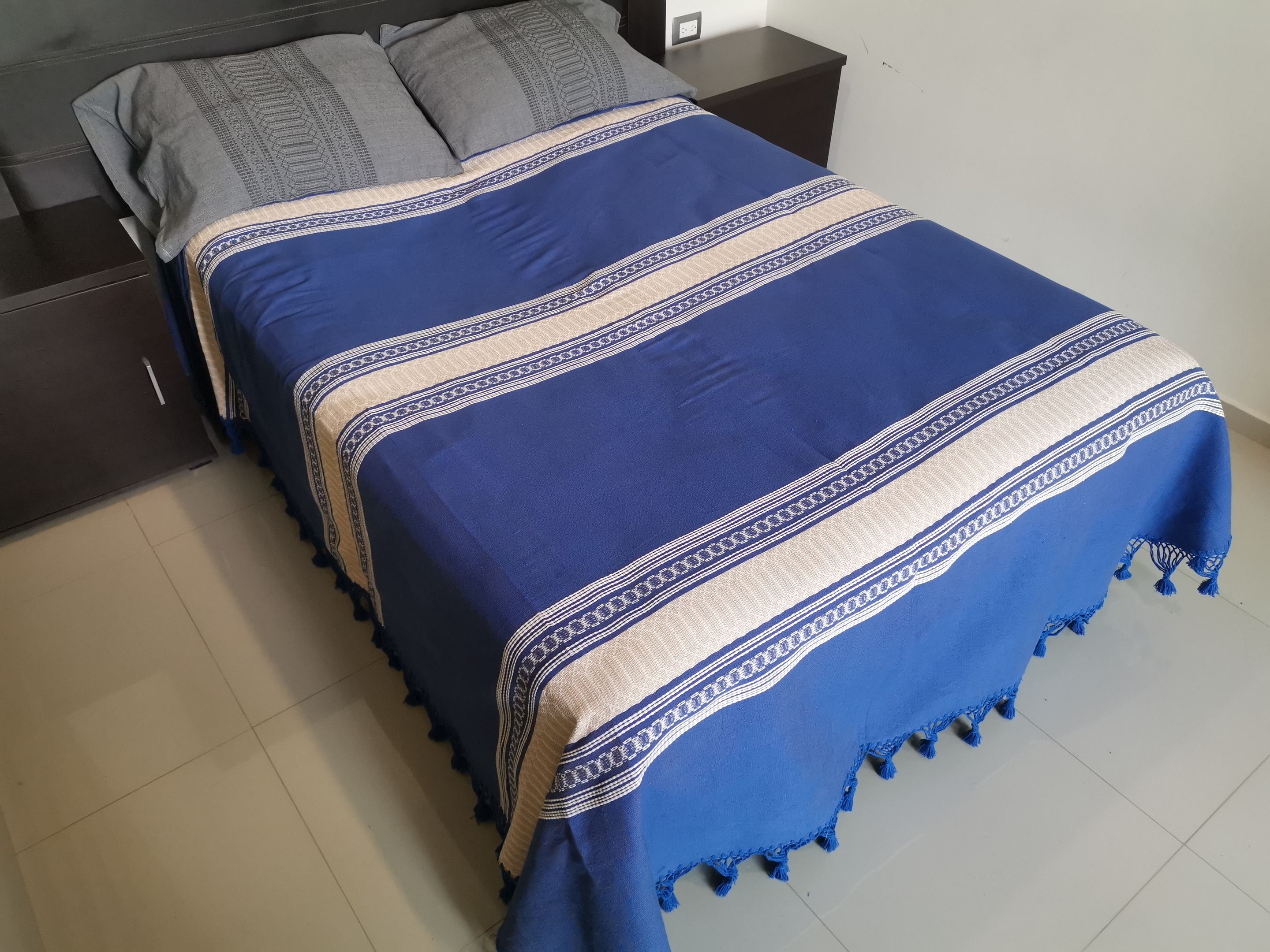 Ropa de Cama Artesanal de Oaxaca Azul y Senefa Ocre Queen 