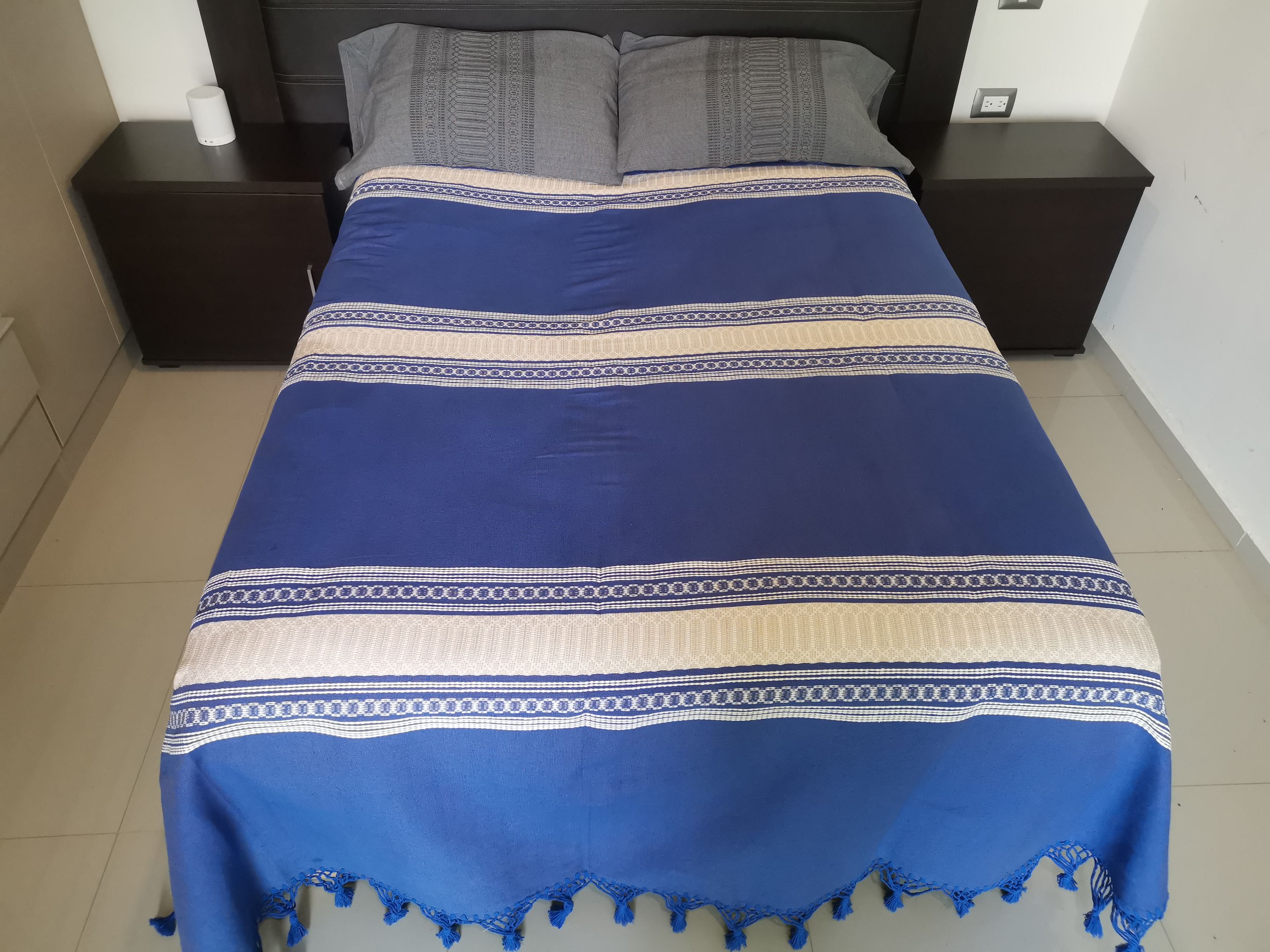 Ropa de Cama Artesanal de Oaxaca Azul y Senefa Ocre Queen 