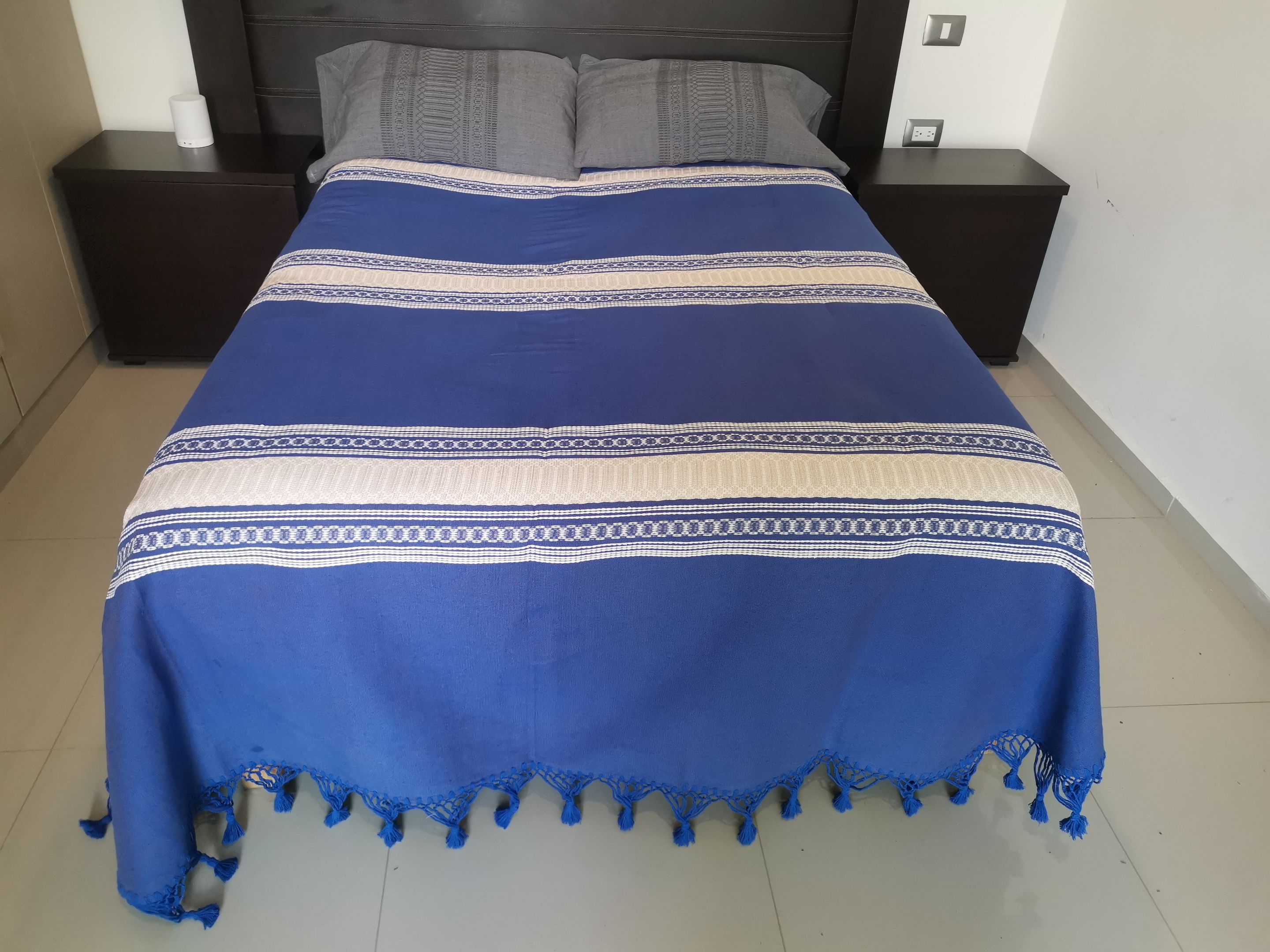 Ropa de Cama Artesanal de Oaxaca Azul y Senefa Ocre Queen 