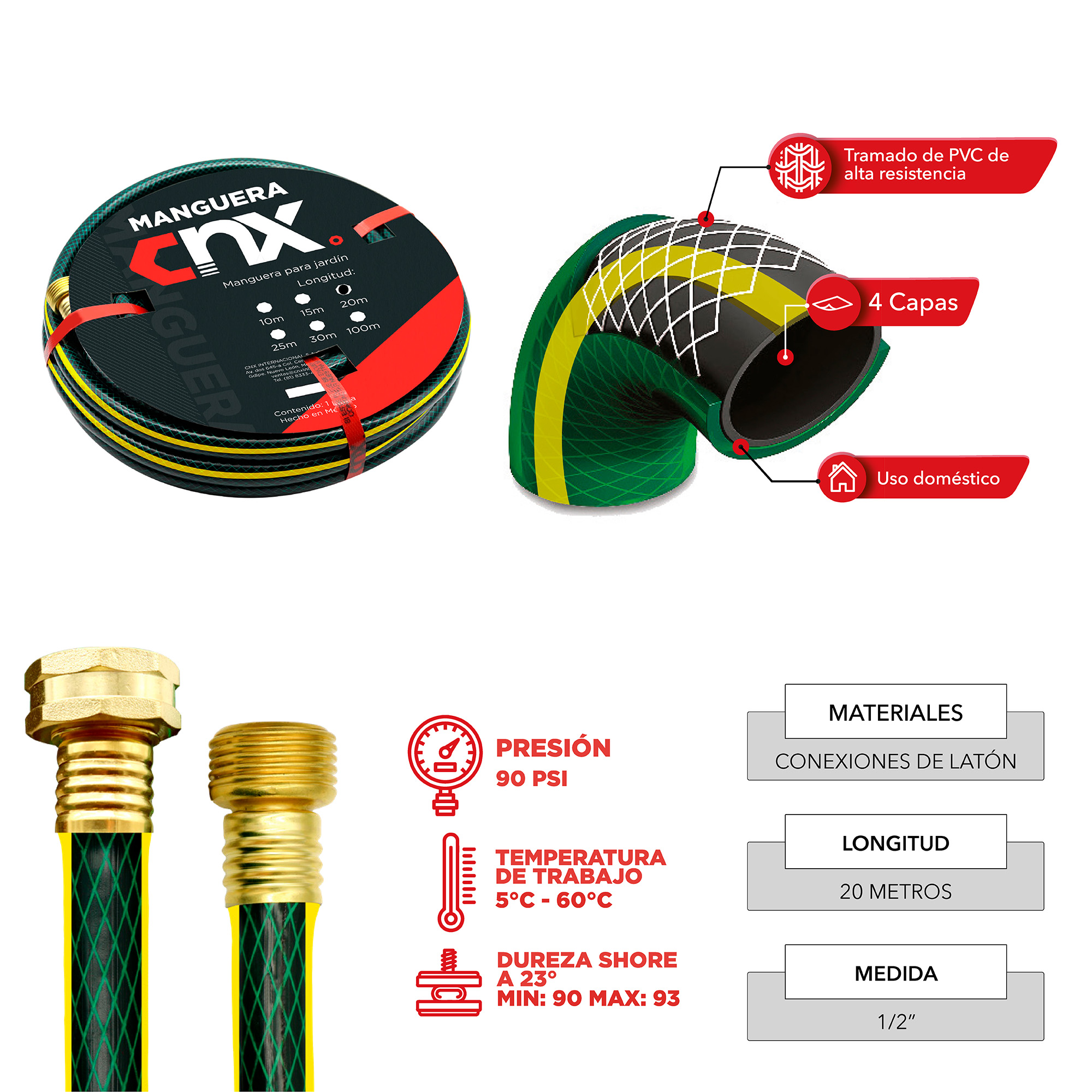 CNX Manguera Armada de 20m para Jardín, Conexiones de Latón
