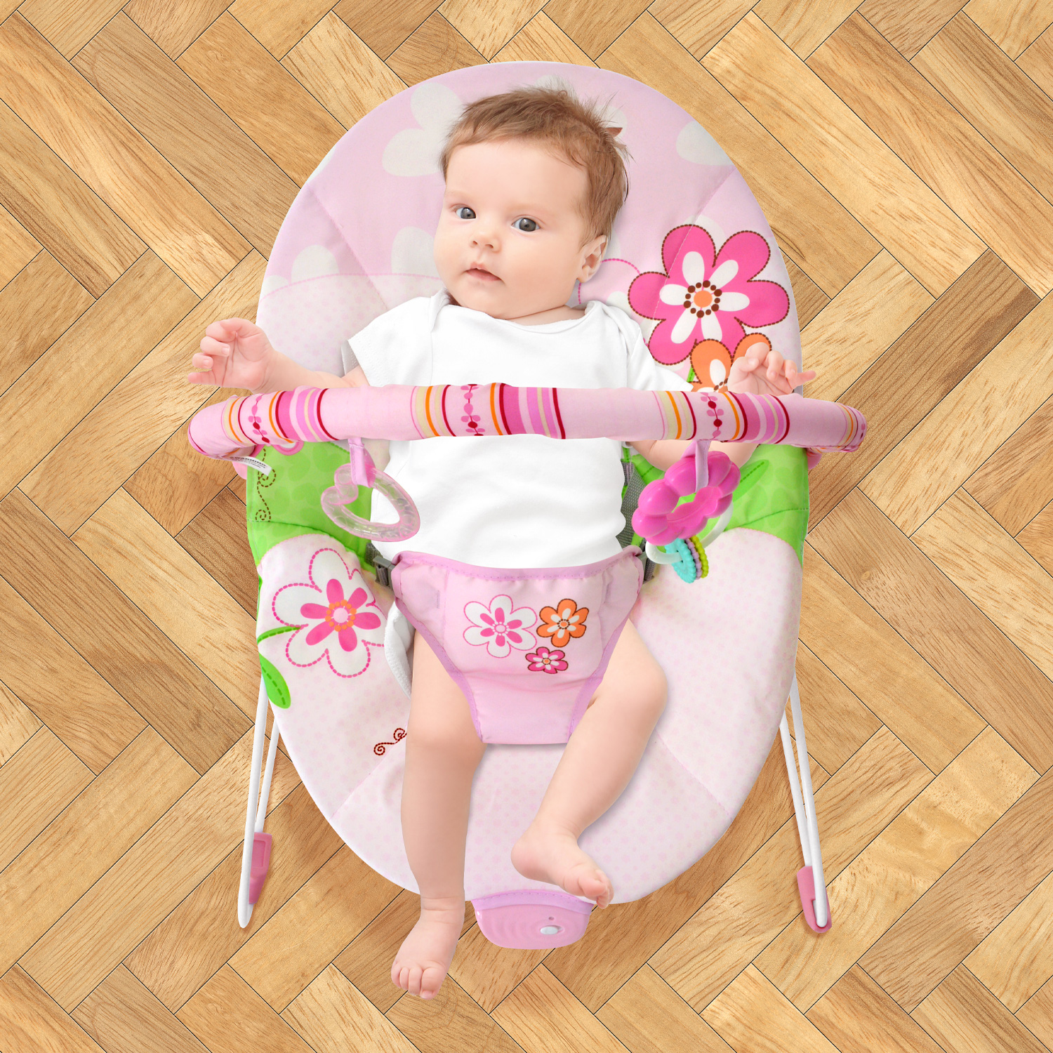 Bouncer Rosa/Verde Silla Mecedora Vibradora Para Bebe Portatil Juguetes