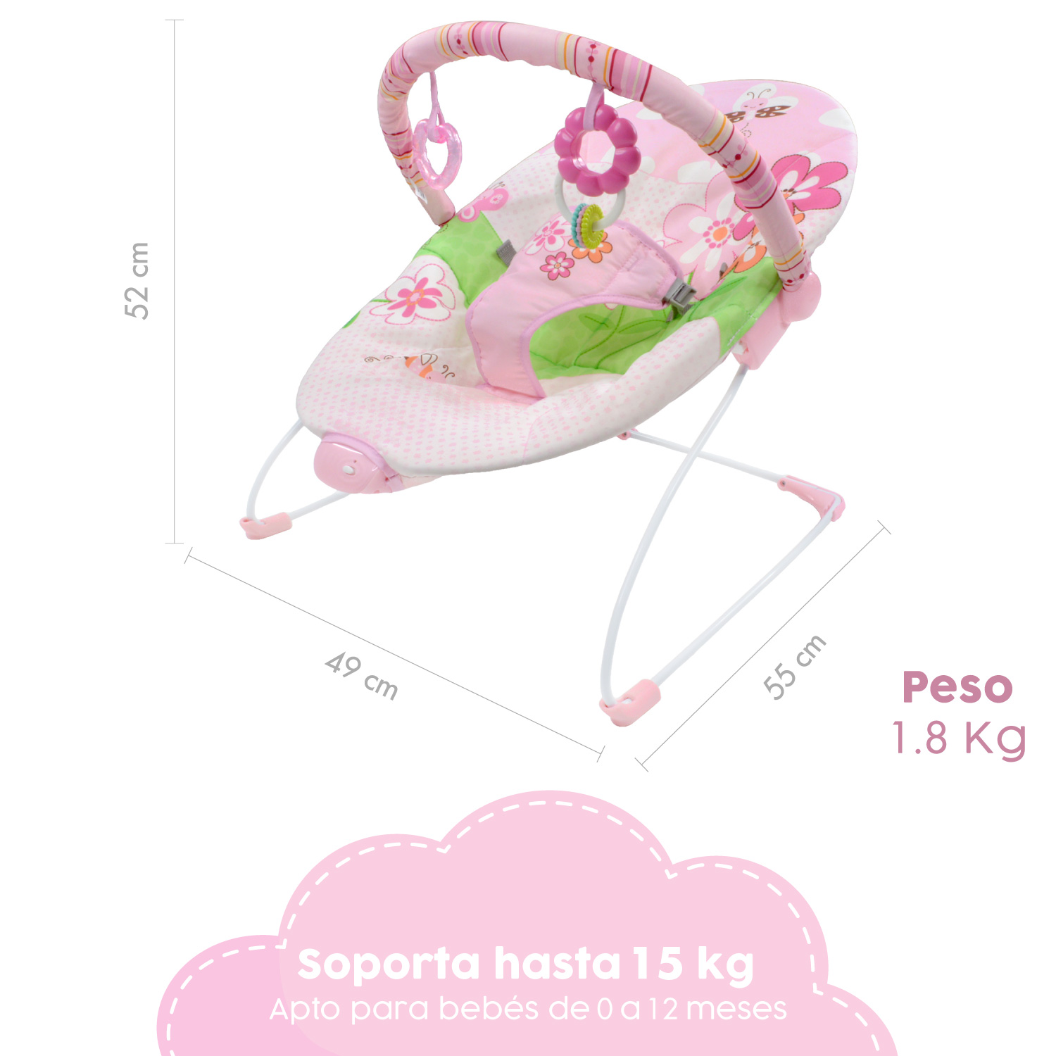 Bouncer Rosa/Verde Silla Mecedora Vibradora Para Bebe Portatil Juguetes
