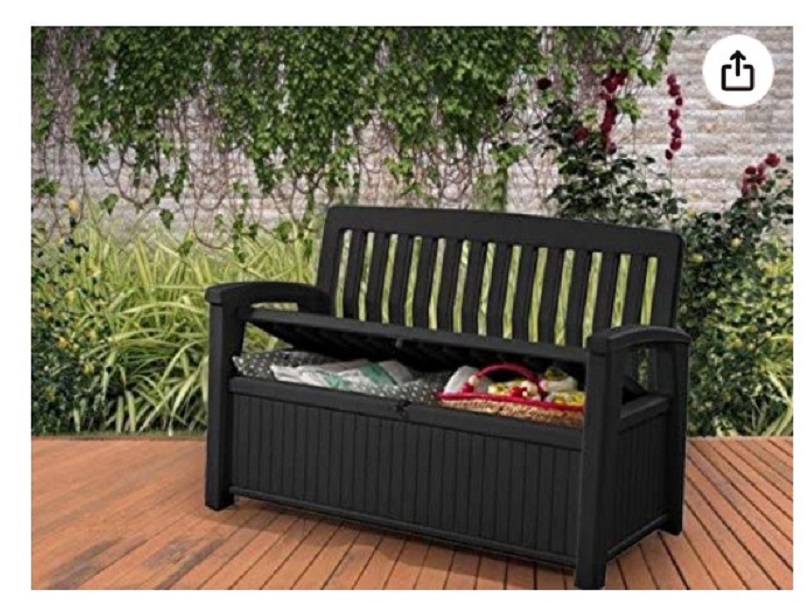 Banca y Almacen para Patio , Jardin , Alberca, con Cajon de Almacenaje, en Resina Resistente al Exterior, Resiste Rayos UV. Marca Keter