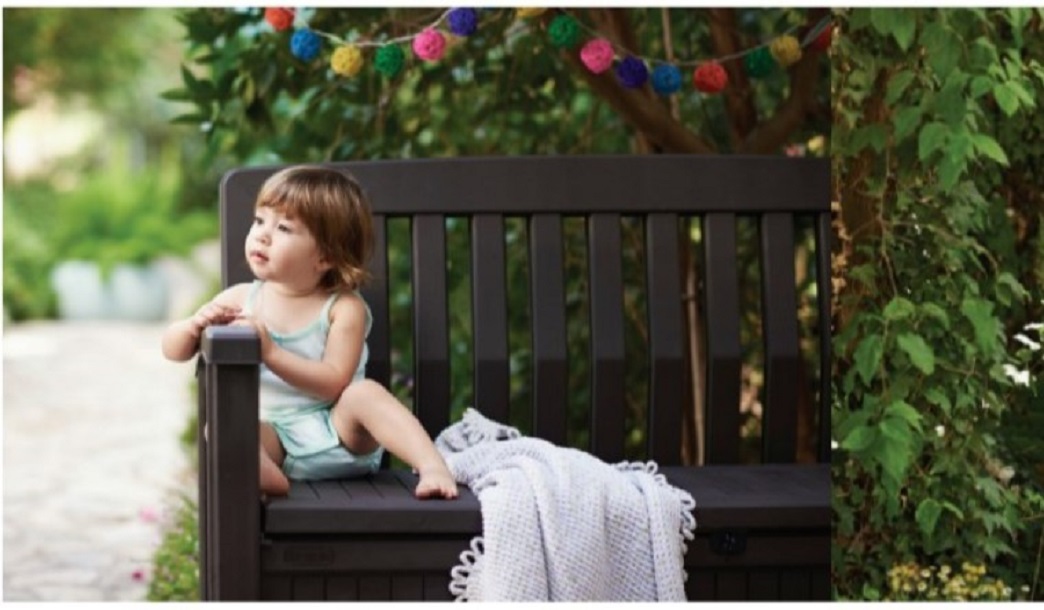 Banca y Almacen para Patio , Jardin , Alberca, con Cajon de Almacenaje, en Resina Resistente al Exterior, Resiste Rayos UV. Marca Keter