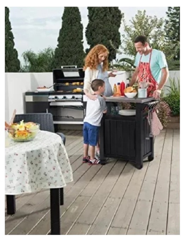 Isla para Asador, Patio, Jardin, con Cubierta de Acero Inoxidable , Marca Keter, Ideal para Exterior, Resiste UV, Mesa Isla