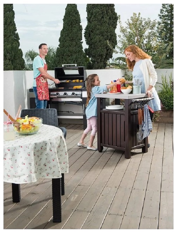 Isla para Asador, Patio, Jardin, con Cubierta de Acero Inoxidable , Marca Keter, Ideal para Exterior, Resiste UV, Mesa Isla