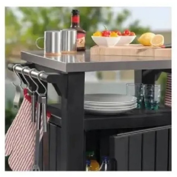 Isla para Asador, Patio, Jardin, con Cubierta de Acero Inoxidable , Marca Keter, Ideal para Exterior, Resiste UV, Mesa Isla