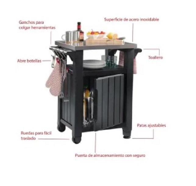 Isla para Asador, Patio, Jardin, con Cubierta de Acero Inoxidable , Marca Keter, Ideal para Exterior, Resiste UV, Mesa Isla