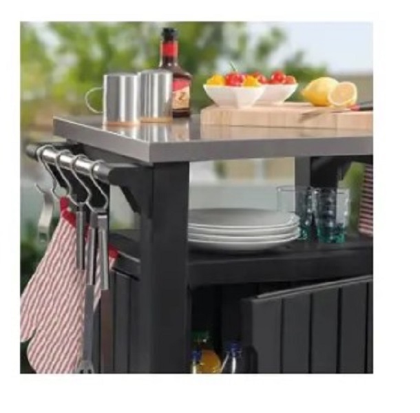 Isla para Asador, Patio, Jardin, con Cubierta de Acero Inoxidable , Marca Keter, Ideal para Exterior, Resiste UV, Mesa Isla