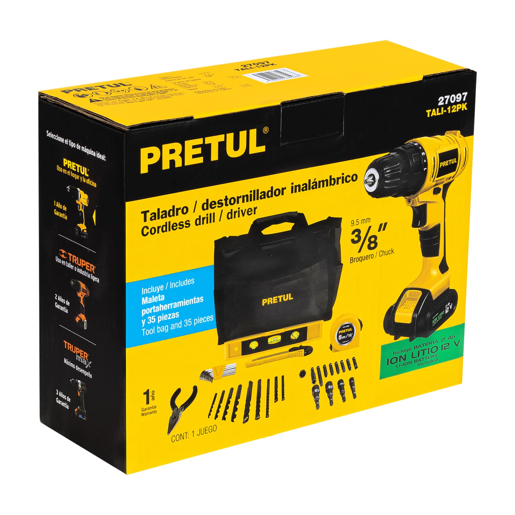 Taladro Destornillador Eléctrico E Inalámbrico 3/8' 12V Con 35 accesorios Incluye Maletín