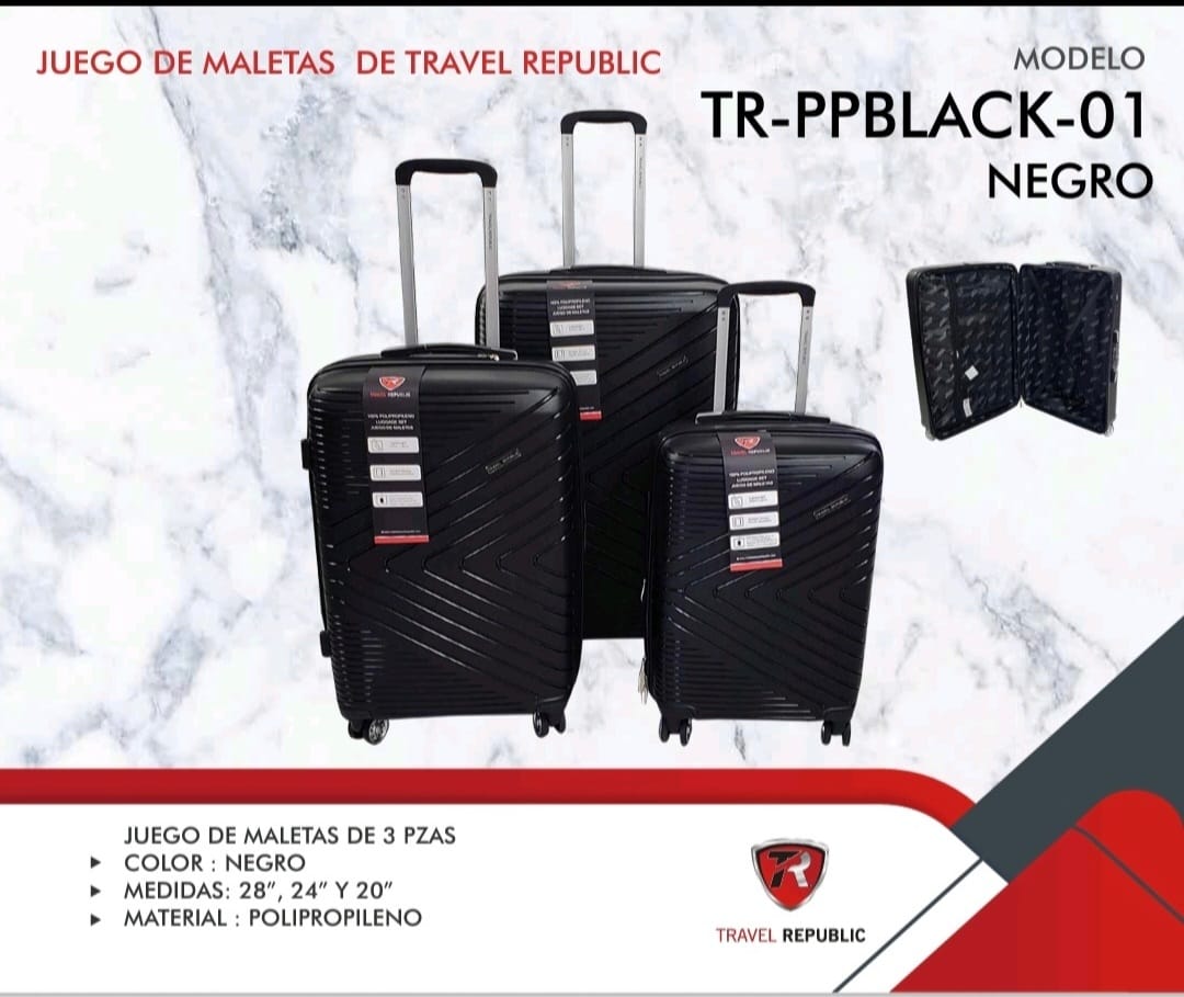 Set de 3 Maletas de viaje  de lujo Marca Travel Republic. Mod. TR-PPBLACK-01