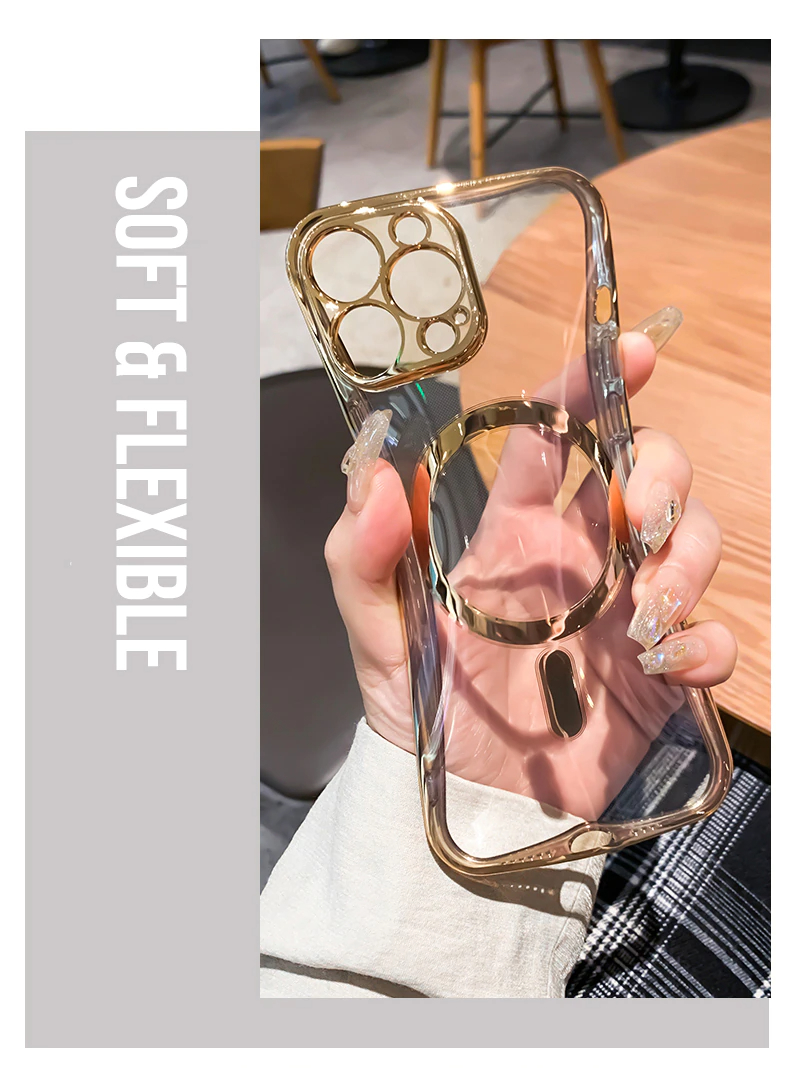 Funda magnética de carga inalámbrica para iPhone 12 y 13, Case cubierta de silicona suave, chapada de lujo, transparente.