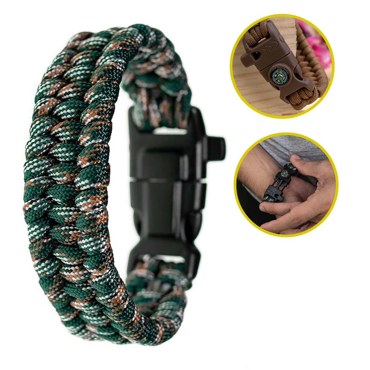 Pulsera  Para Caballero Supervivencia Tejida a mano  en Paracord Nudo de Escalera Broche de Brújula, REGALO EXTRA UN 2 X 1