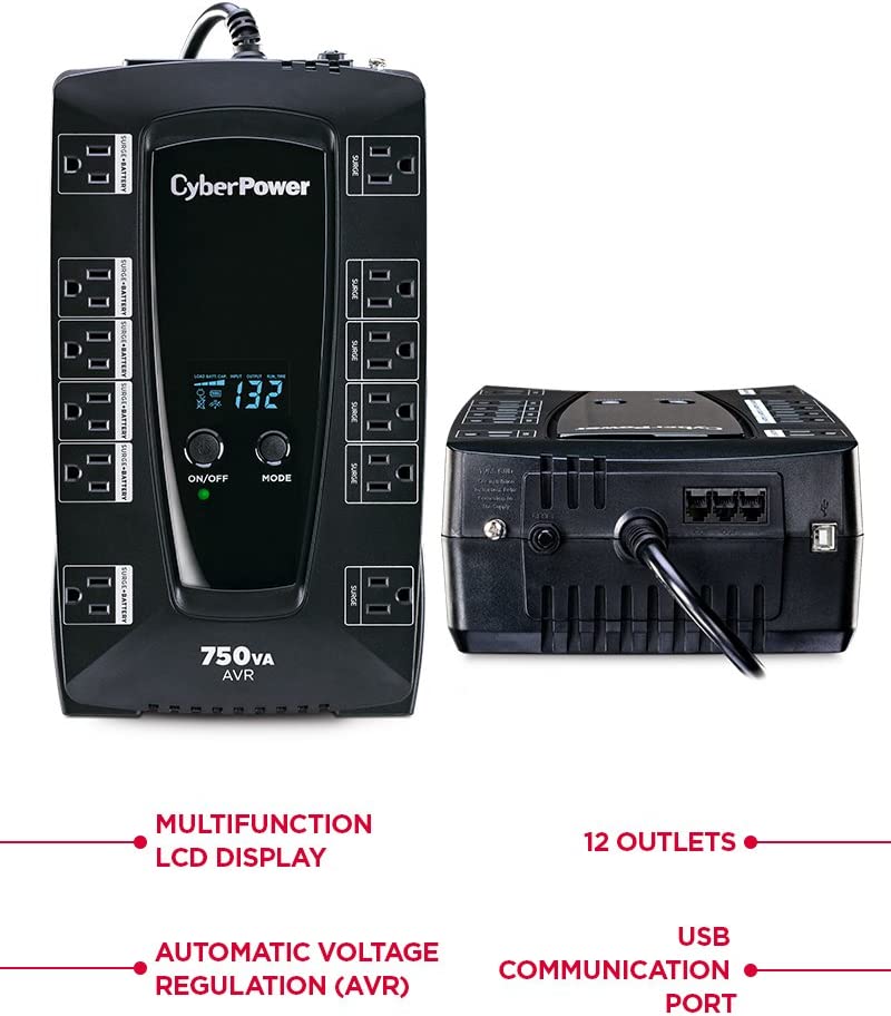 CyberPower UPS No-Break AVRG750LCD 750VA / 450W, Línea Interactiva, Pantalla LCD, Regulador (AVR), 12 contactos, Garantía 3 años Incluye batería