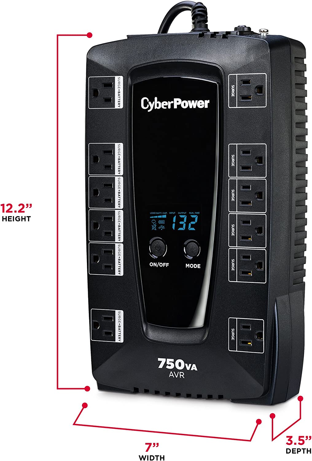 CyberPower UPS No-Break AVRG750LCD 750VA / 450W, Línea Interactiva, Pantalla LCD, Regulador (AVR), 12 contactos, Garantía 3 años Incluye batería