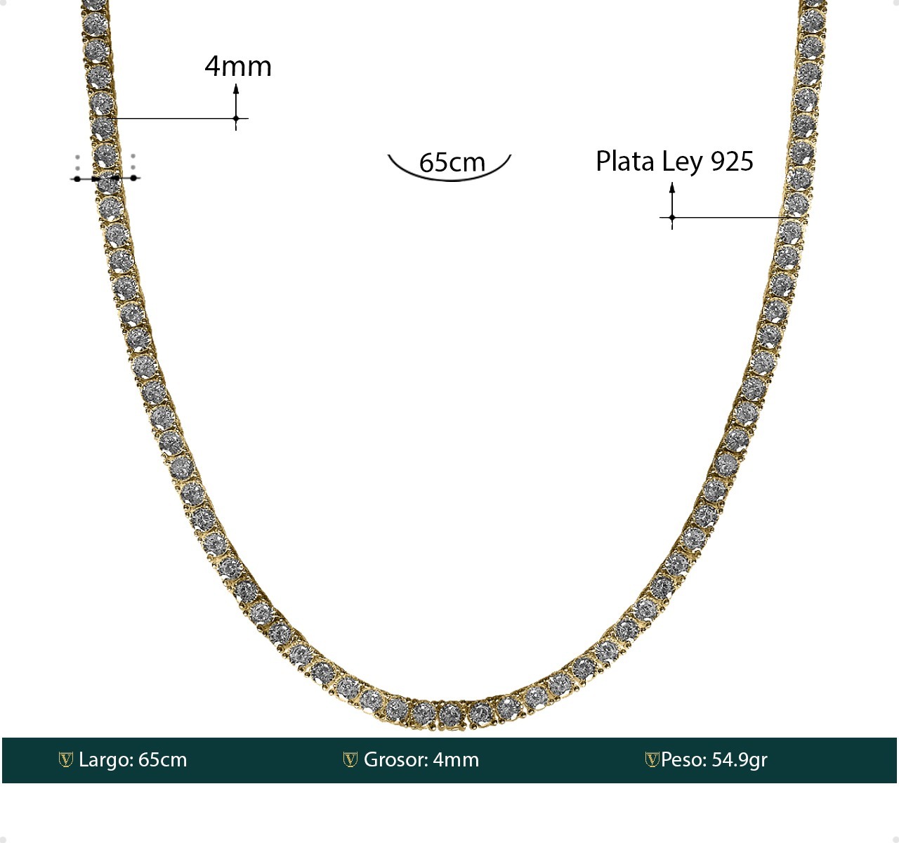 Cadena Tenis Plata Ley 925 65cm - 4mm Italiana + Estuche.