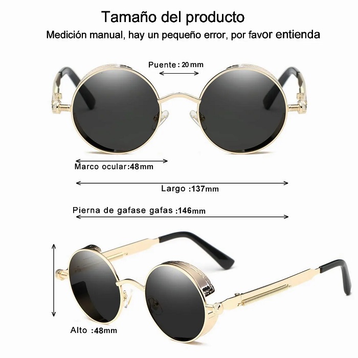 2 Piezas Lentes Sol Uv-400 Gafas Redondos Dorado y Plata