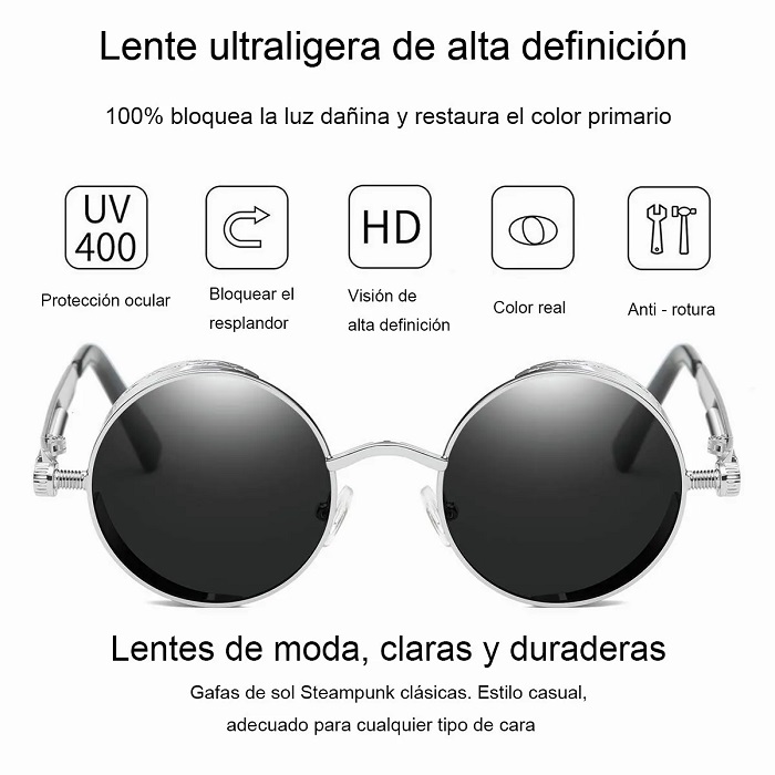 2 Piezas Lentes Sol Uv-400 Gafas Redondos Dorado y Plata