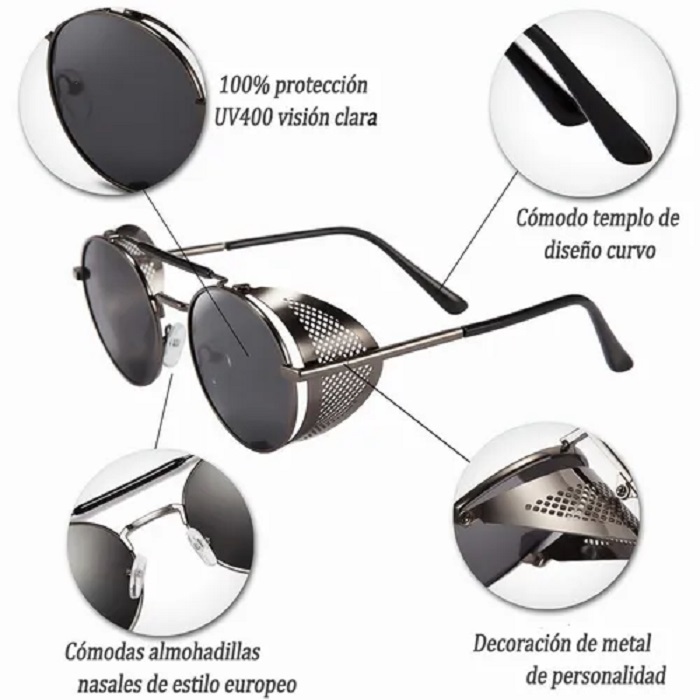 2 Piezas Lentes Sol Uv-400 Redondos  Negros