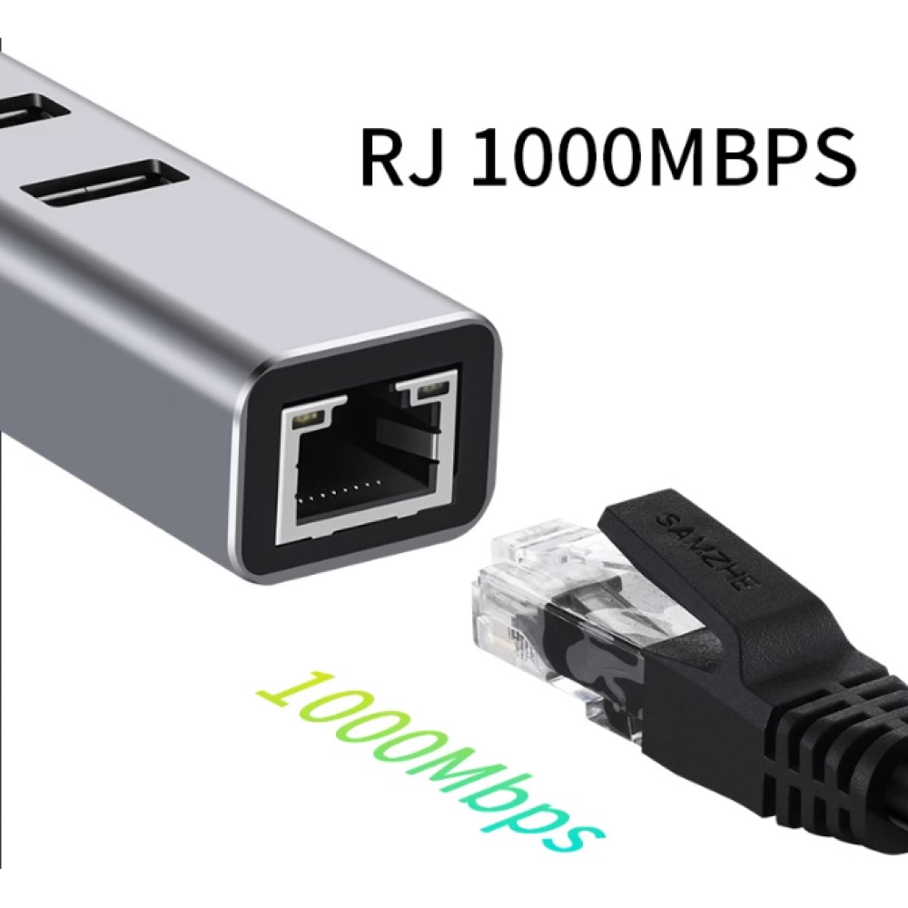 HUB USB tipo C de 1000Mbps, adaptador de 3 puertos USB 3,0 a Rj45 Gigabit Ethernet