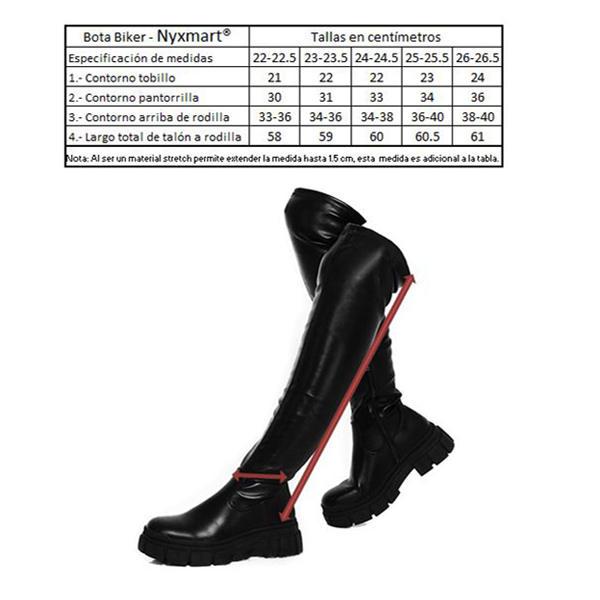 Bota biker Alta tipo maxibotas stretch Piel Sintética Con Plataforma,  Diseño Capretto. Nyxmart®