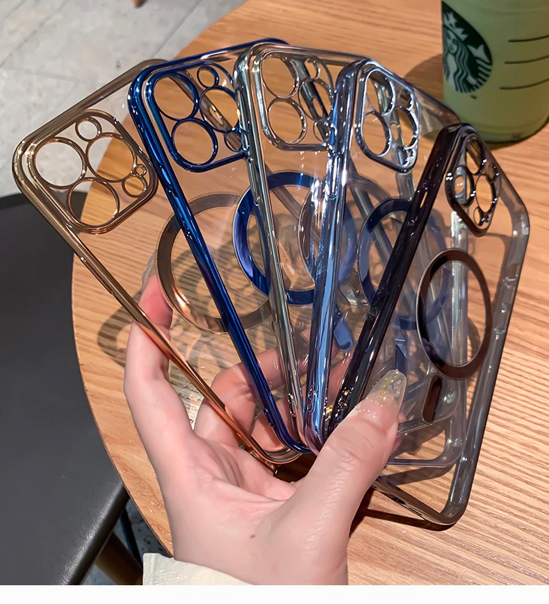 Funda magnética de carga inalámbrica para iPhone 12 y 13, Case cubierta de silicona suave, chapada de lujo, transparente.