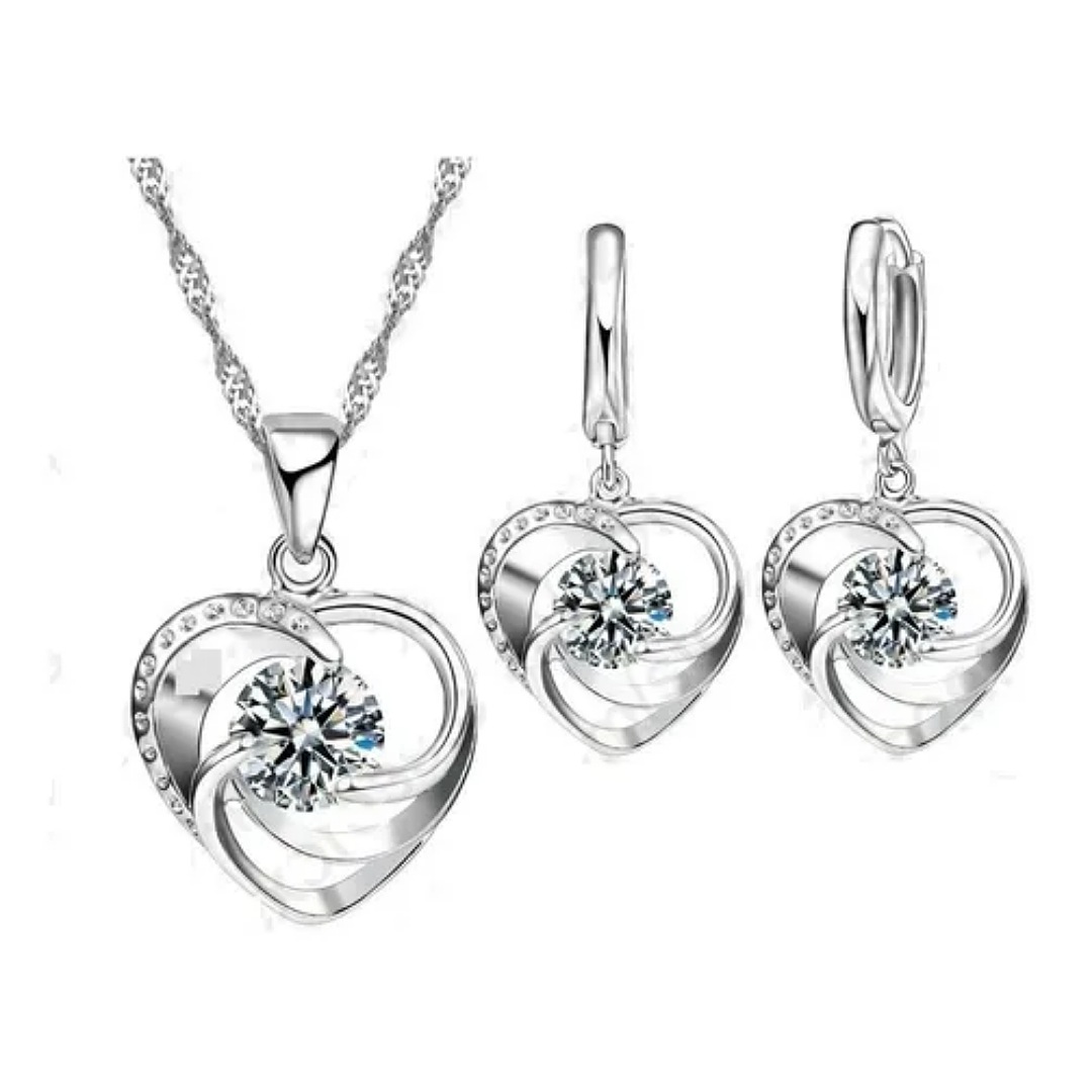 Set Collar Y Aretes Corazon Plata 925 Cristal Para Mujer.