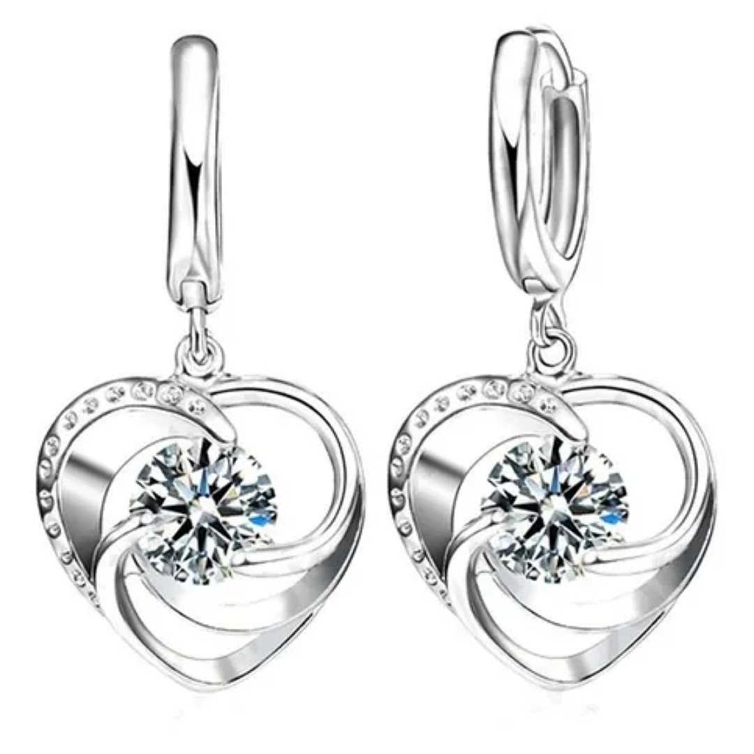 Set Collar Y Aretes Corazon Plata 925 Cristal Para Mujer.