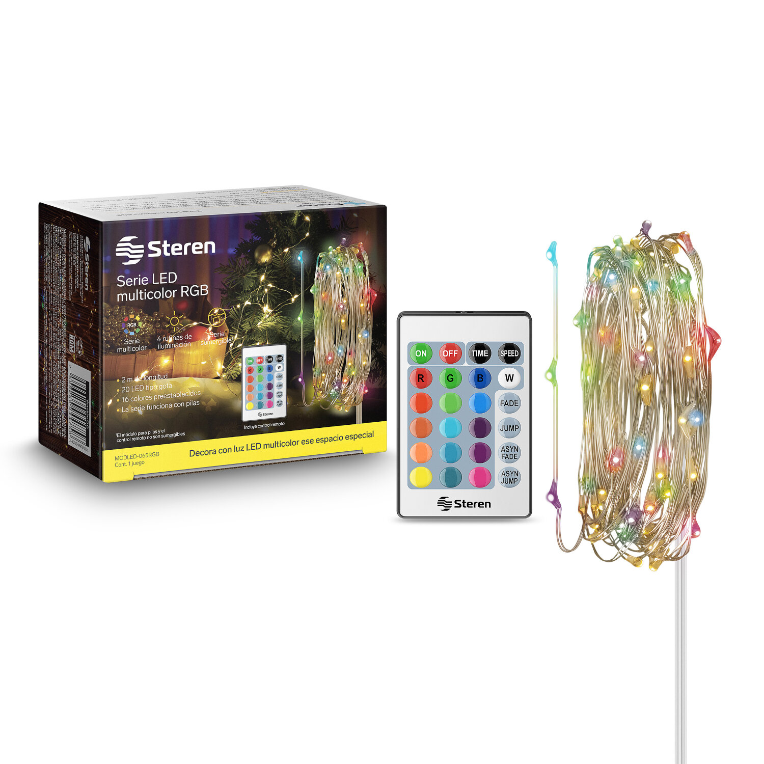 Serie LED multicolor RGB de 2 m con módulo para pilas y control remoto 