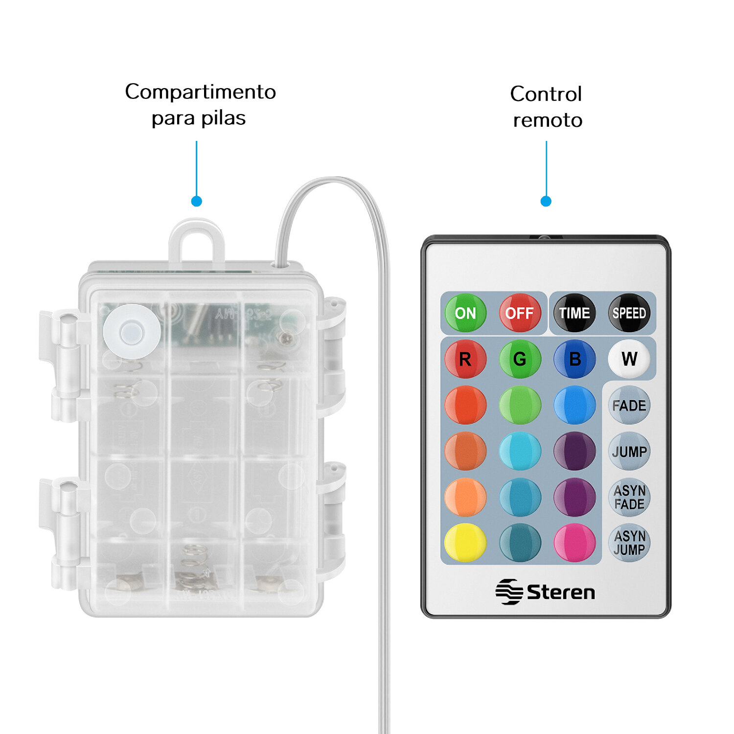 Serie LED multicolor RGB de 2 m con módulo para pilas y control remoto 