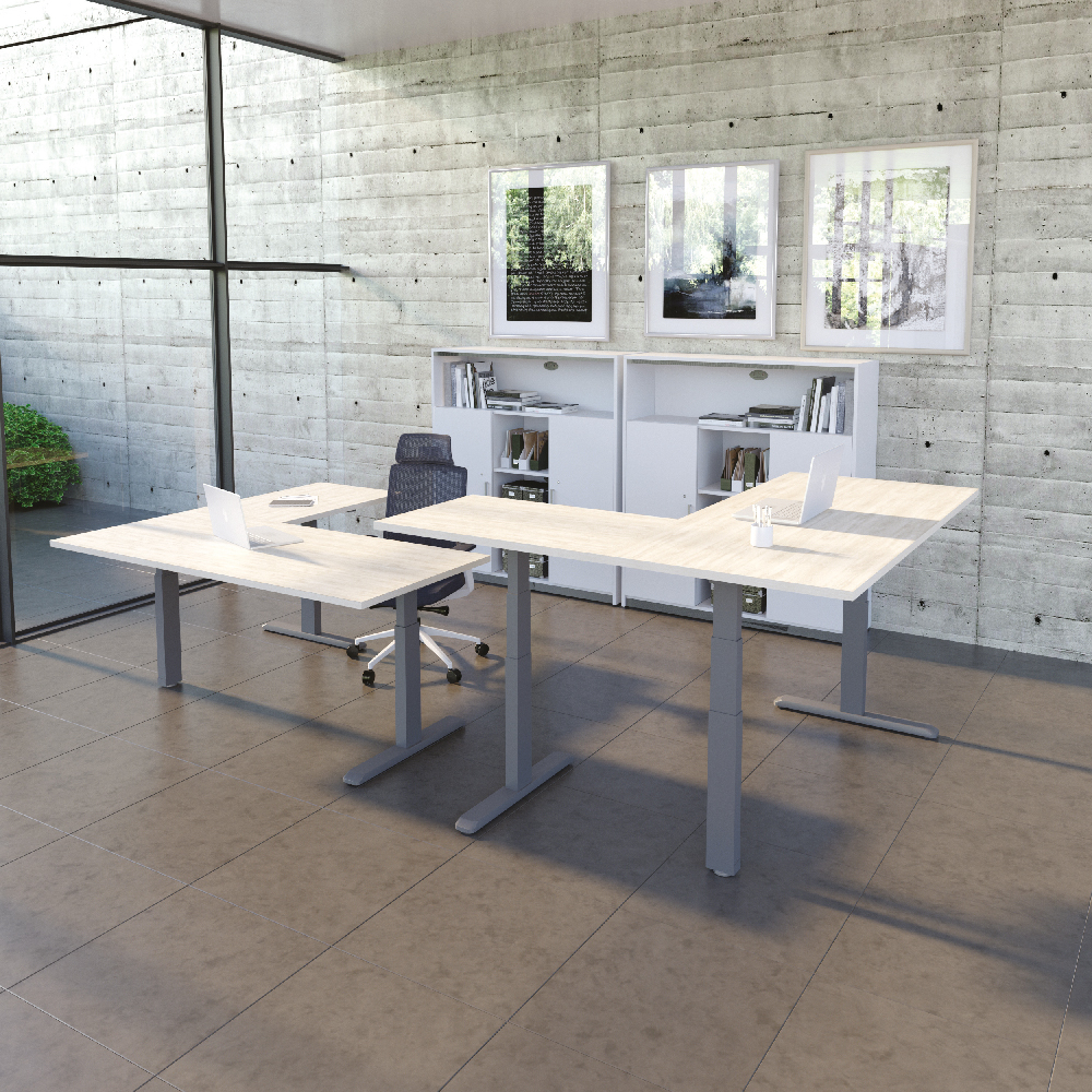 Línea Italia Escritorio Eléctrico en L Altura Programable y Ajustable/Color Encino Polar | Diseño Ergonómico y Moderno con Tecnología Que Brinda Bienestar al Trabajar | Disponibilidad de colores en Eucalipto y Ébano Boreal
