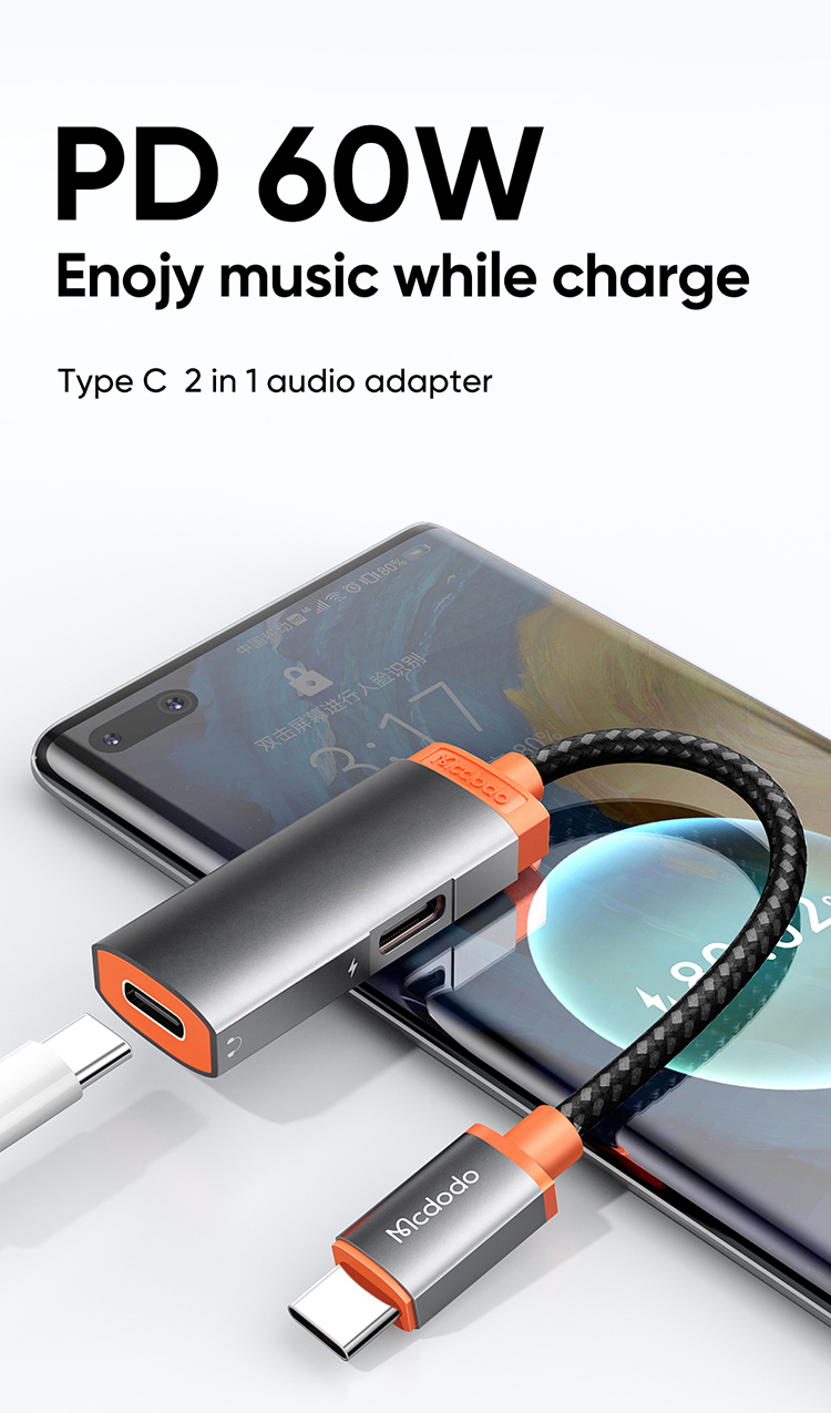 Adaptador USB Tipo C 2 en 1 Carga y Transmite Audio .