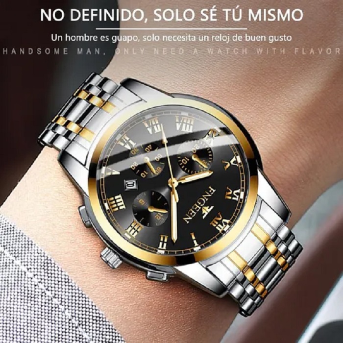 Reloj Con Fechador Correa Metálica Hombre Dorado