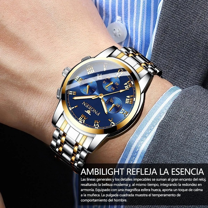 Reloj Con Fechador Correa Metálica Hombre Dorado