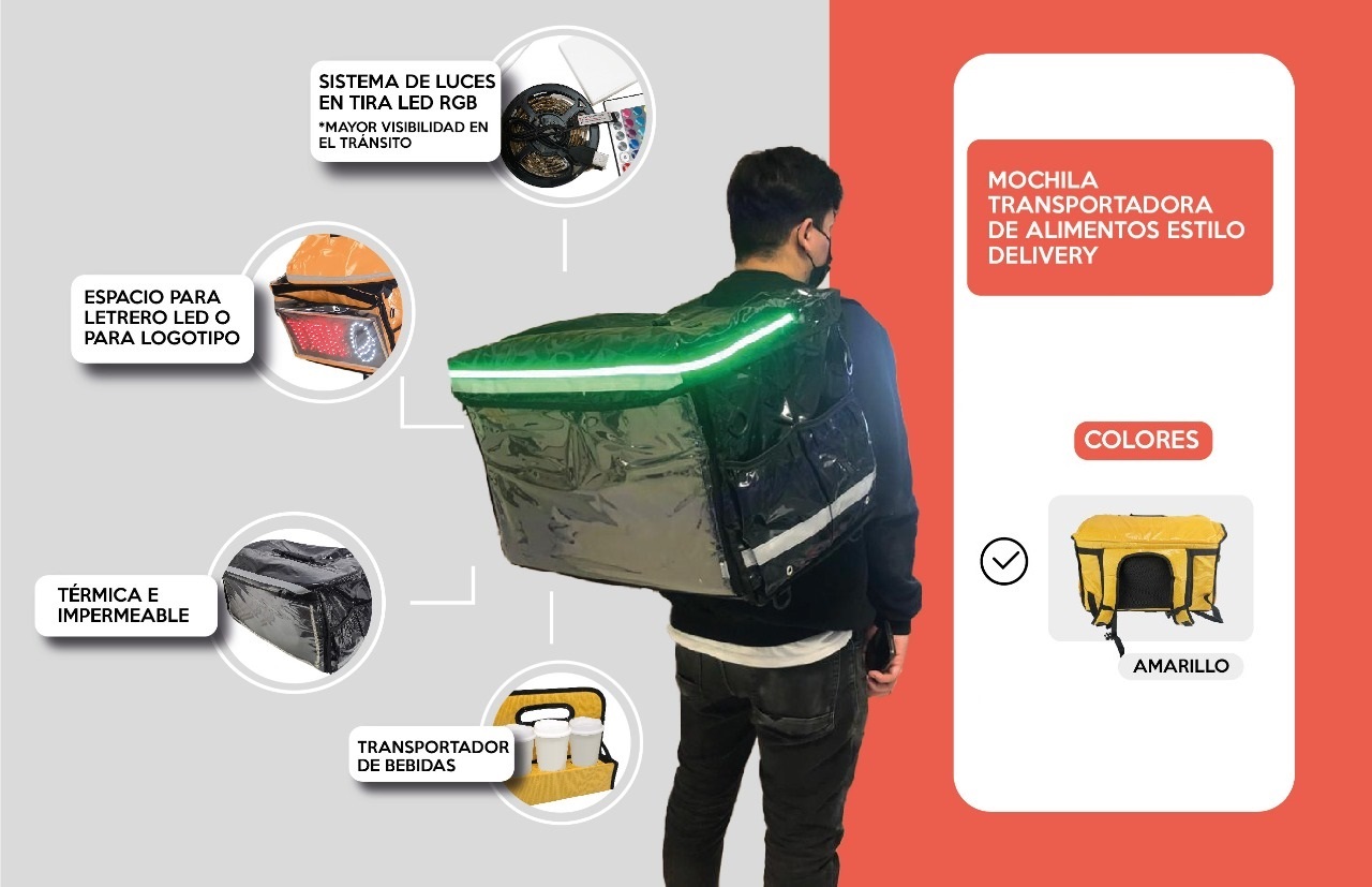 Mochila Transportadora de Alimentos Estilo Bolsa Delivery Ideal para Entregas a Domicilio Térmica Impermeable con Espacio para Letrero Sistema de Luces y Transportador de Bebidas / Master / MP-BAG1Y