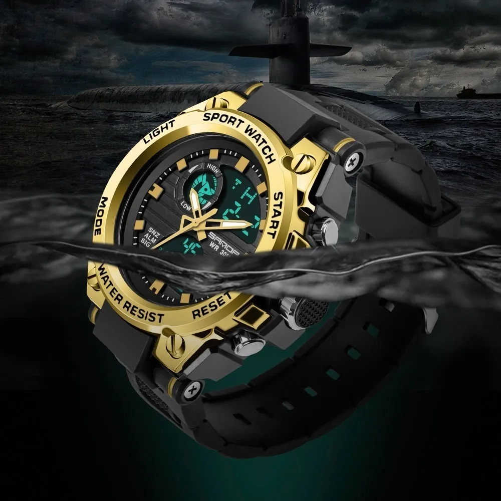 Reloj Táctico Militar Deportivo Impermeable  Negro con Dorado 