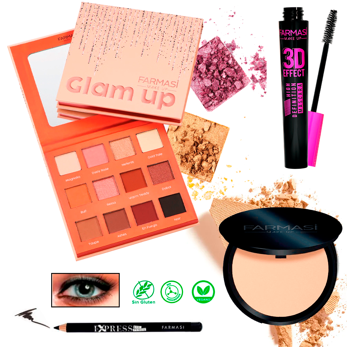 Maquillaje Farmasi Paleta de Sombra Glam up, Mascara De Pestaña, Delineador y Polvo Compacto Texttura Sedosa Kit De Maquillaje