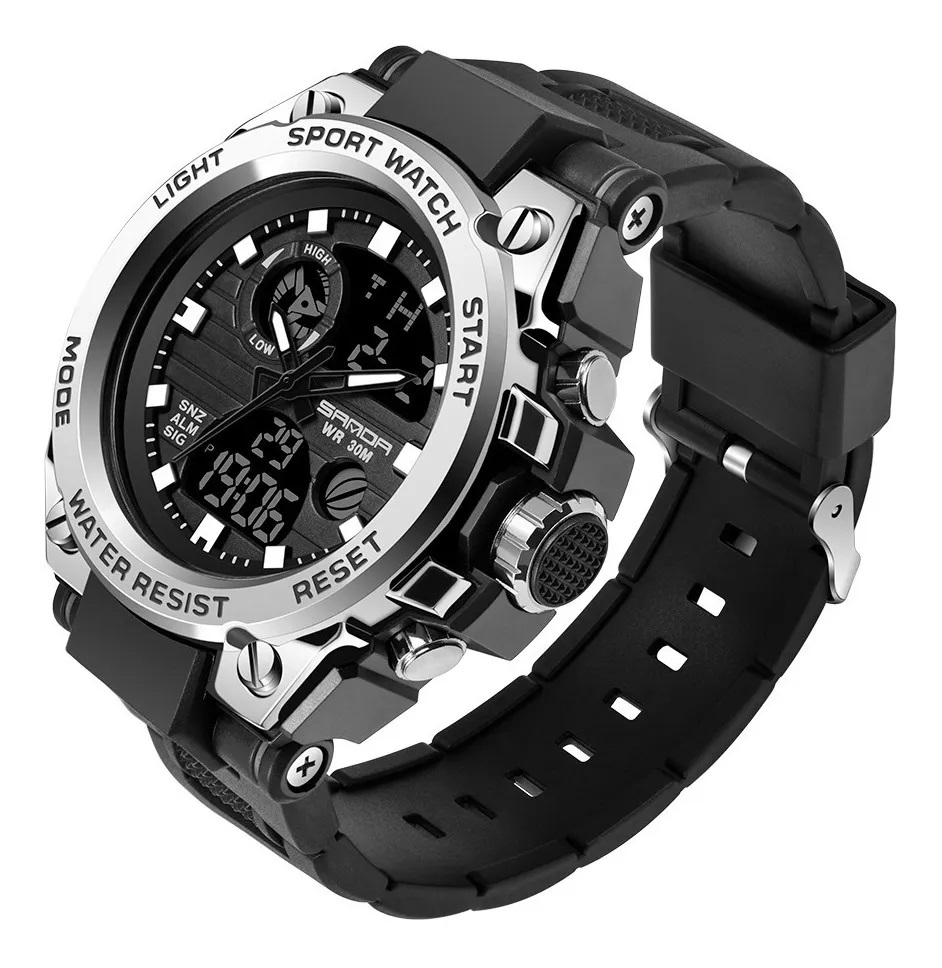 Reloj Táctico Militar Deportivo Impermeable Negro con Plateado
