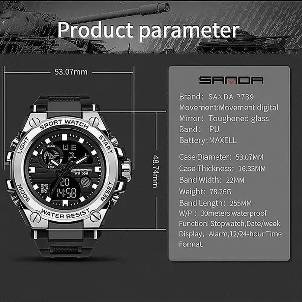 Reloj Táctico Militar Deportivo Impermeable Negro con Plateado