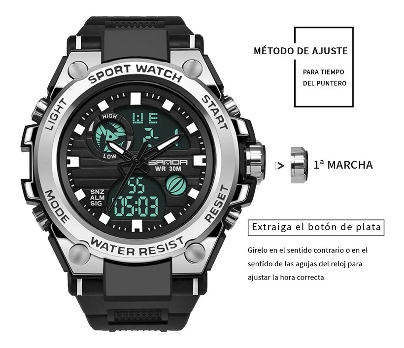 Reloj Táctico Militar Deportivo Impermeable Negro con Plateado