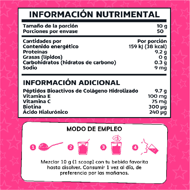 Péptidos Bioactivos de Colageno Hidrolizado + Ácido Hialurónico + Biotina + Vitamina C - 500g
