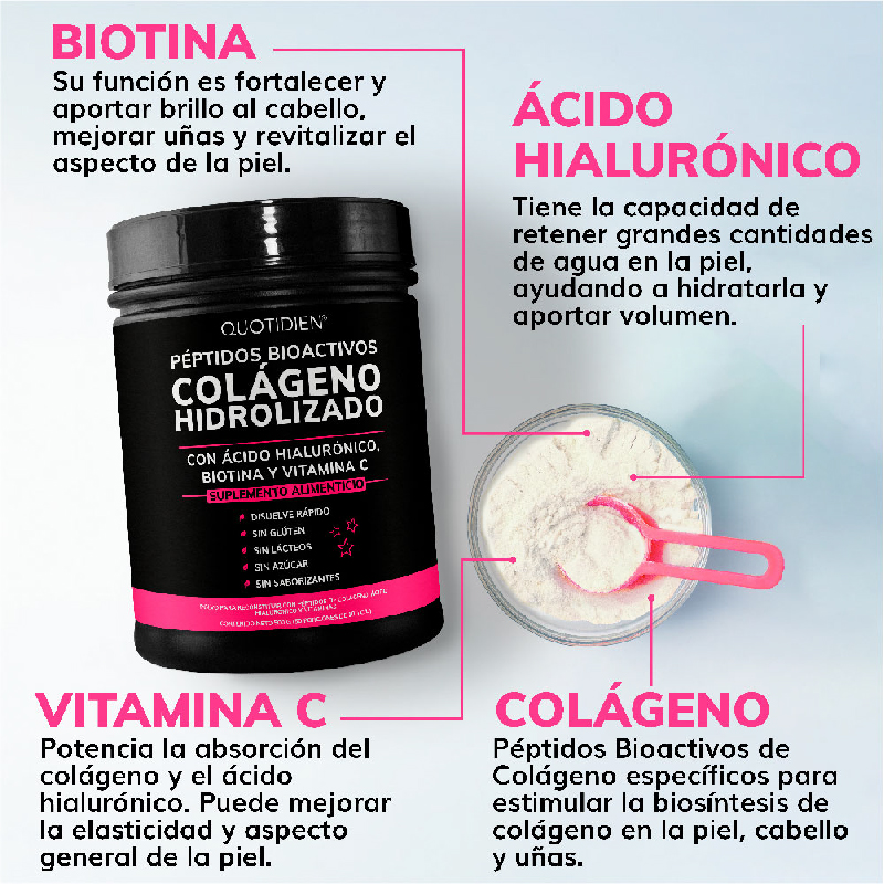 Péptidos Bioactivos de Colageno Hidrolizado + Ácido Hialurónico + Biotina + Vitamina C - 500g