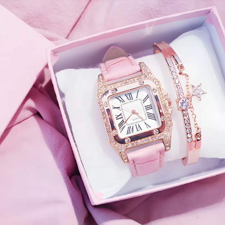 Reloj Con Correa Diamantes Moda Para dama & brazalete - Rosa