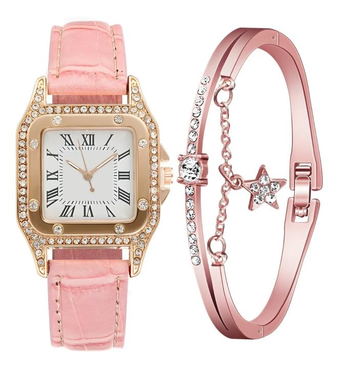 Reloj Con Correa Diamantes Moda Para dama & brazalete - Rosa